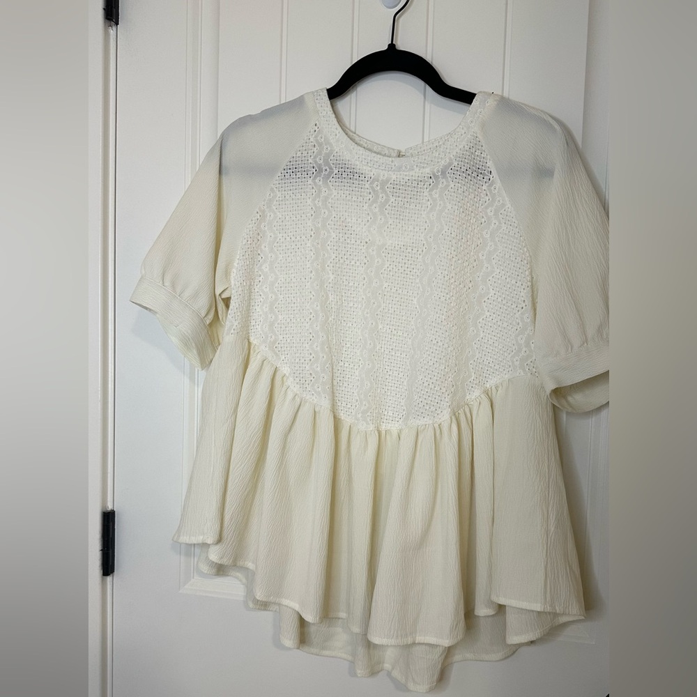 Orange Creek- Off White/ Cream Puff Sleeve Peplum Top- Size Large